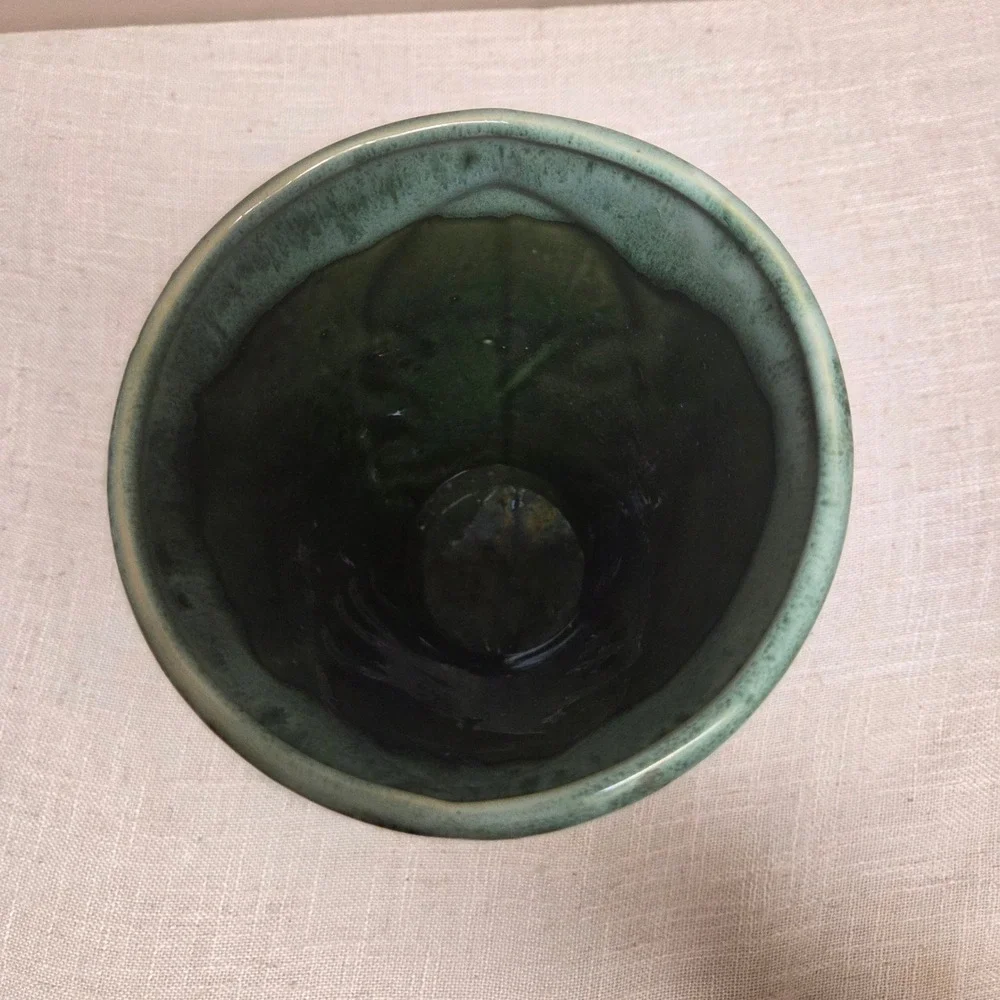 Vintage Green Drip Glaze Ceramic Vase Embossed Leaf Pattern Pedestal Base 6in